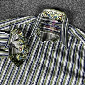 Robert Graham Men's Blue Green White Striped Beach Chair Flip Cuff Shirt Medium